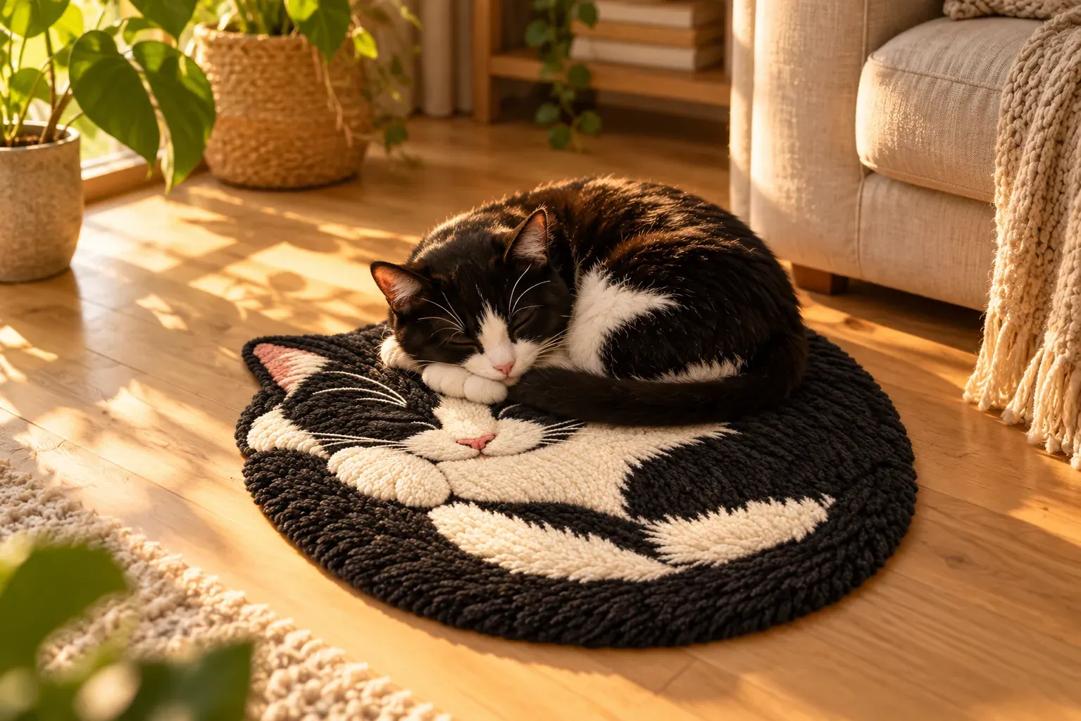 A tuxedo cat asleep, curled up on a round tufted rug of itself, in a golden-hour living room
