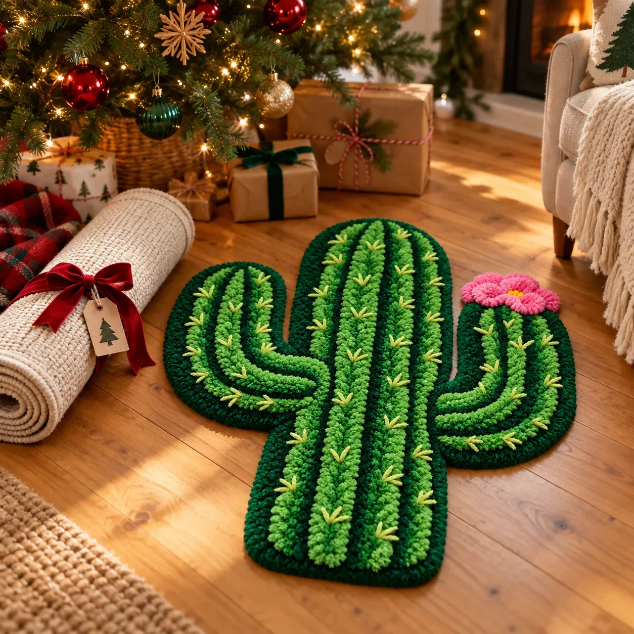 A cactus-shaped rug with a pink flower and a rolled rug tied with a red bow under a lit Christmas tree