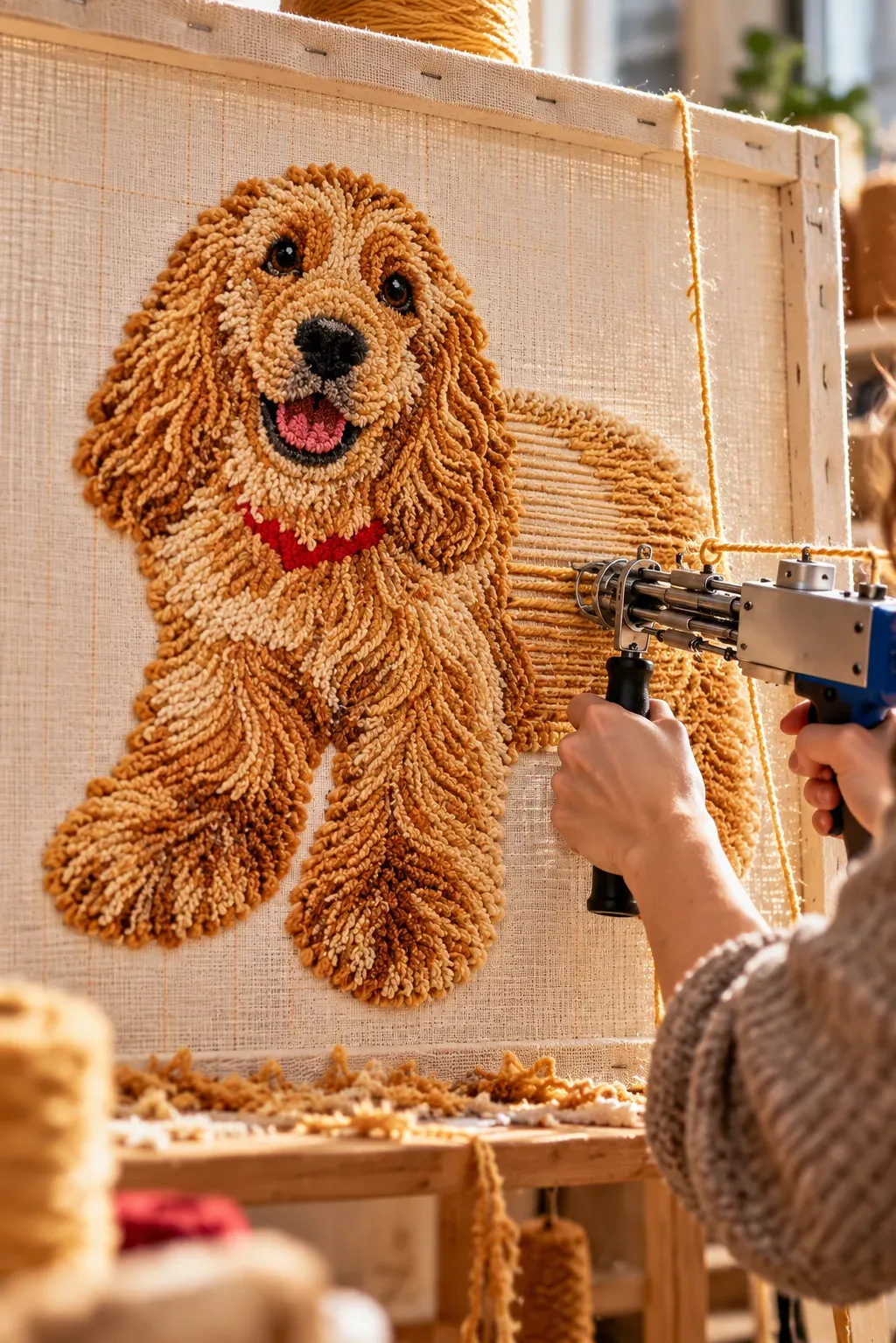 A tufting gun filling in a golden cocker spaniel rug, yarn by yarn, on a wooden frame