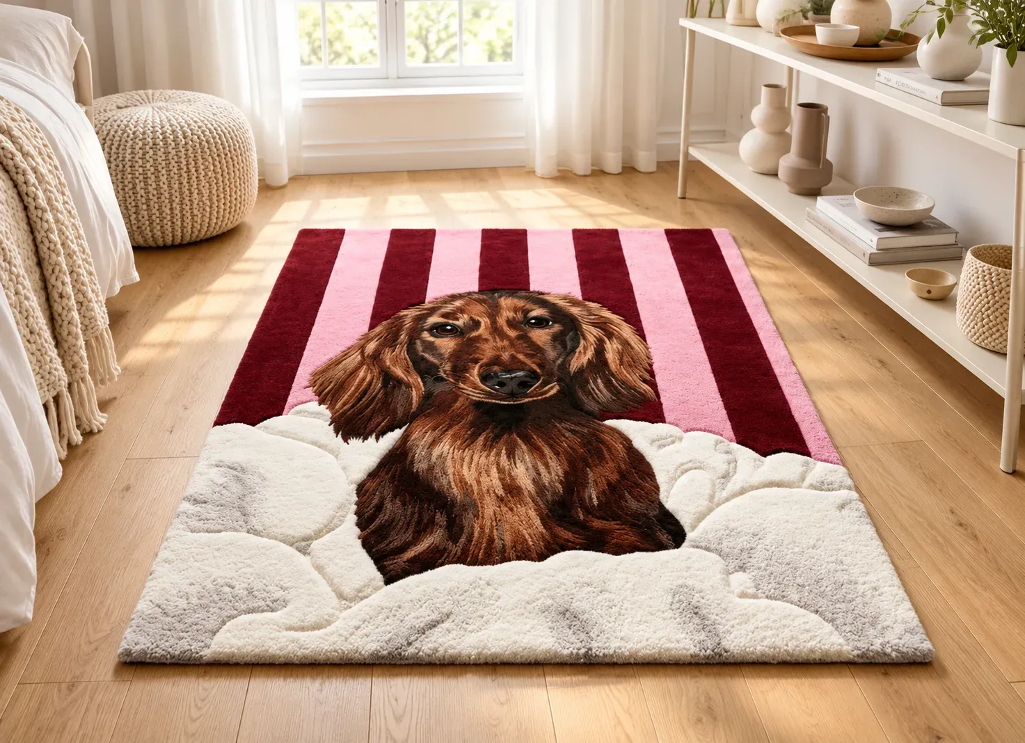 A dachshund cloud portrait rug on burgundy and pink stripes, on a light oak floor in a bright bedroom