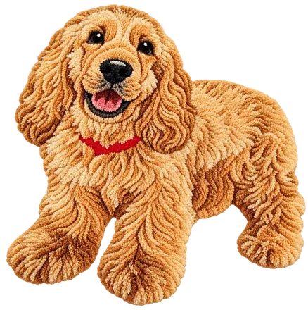 A tufted rug cut to the shape of Honey the golden cocker spaniel, red collar and all
