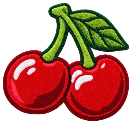 Cherries: Two glossy cherries on a stem, with a leaf.
