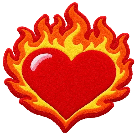 Heart on Fire: A big red heart in orange and yellow flames.